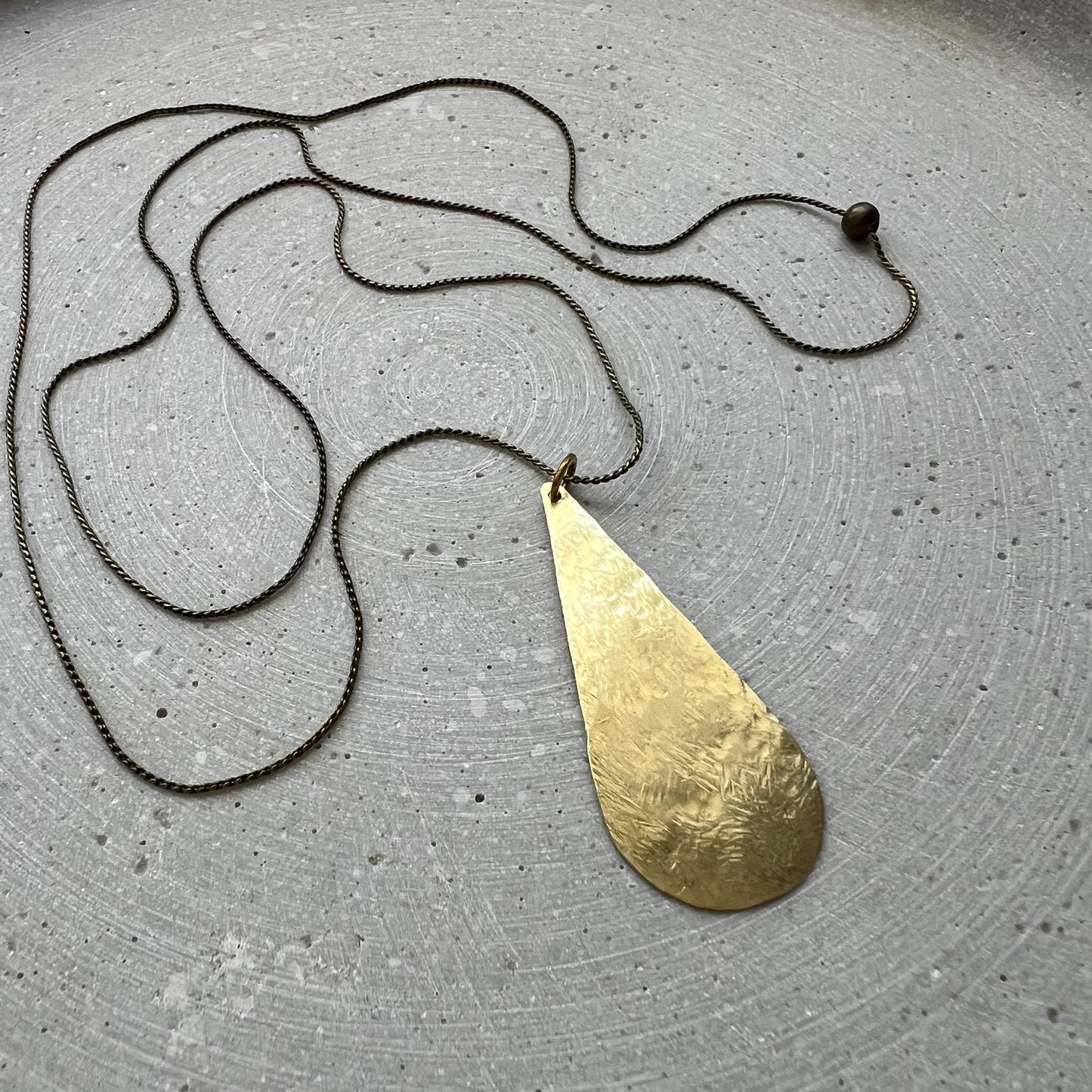 Minimalist Drop Pendant with long Snake Chain, Golden Tear Necklace, Handmade Brass Jewelry