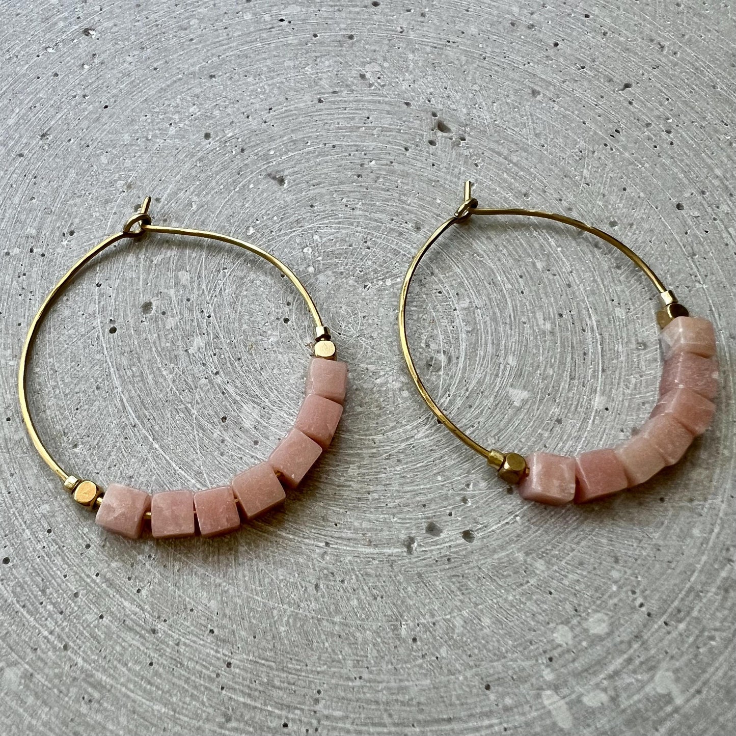 Pink Opal Creole with Gemstone Cube Beads, Pink Hoop Earrings, Handmade Brass Jewelry