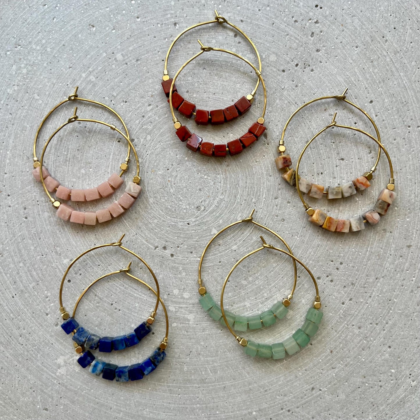 Dark Blue Hoop Earrings, Lapis Lazuli Creole with Gemstone Cube Beads, Handmade Brass Jewelry