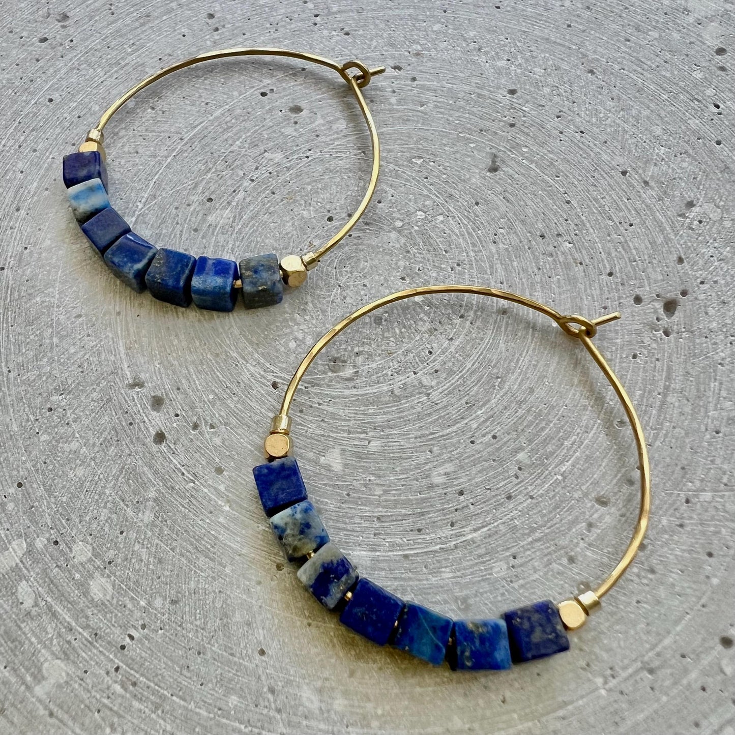 Dark Blue Hoop Earrings, Lapis Lazuli Creole with Gemstone Cube Beads, Handmade Brass Jewelry