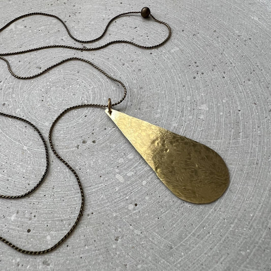 Minimalist Drop Pendant with long Snake Chain, Golden Tear Necklace, Handmade Brass Jewelry