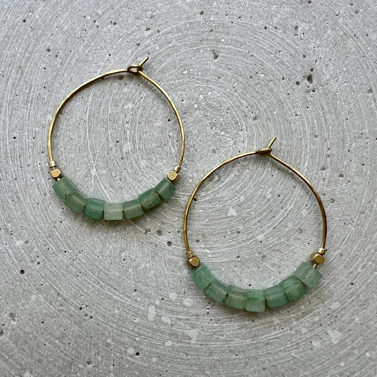 Dark Blue Hoop Earrings, Lapis Lazuli Creole with Gemstone Cube Beads, Handmade Brass Jewelry