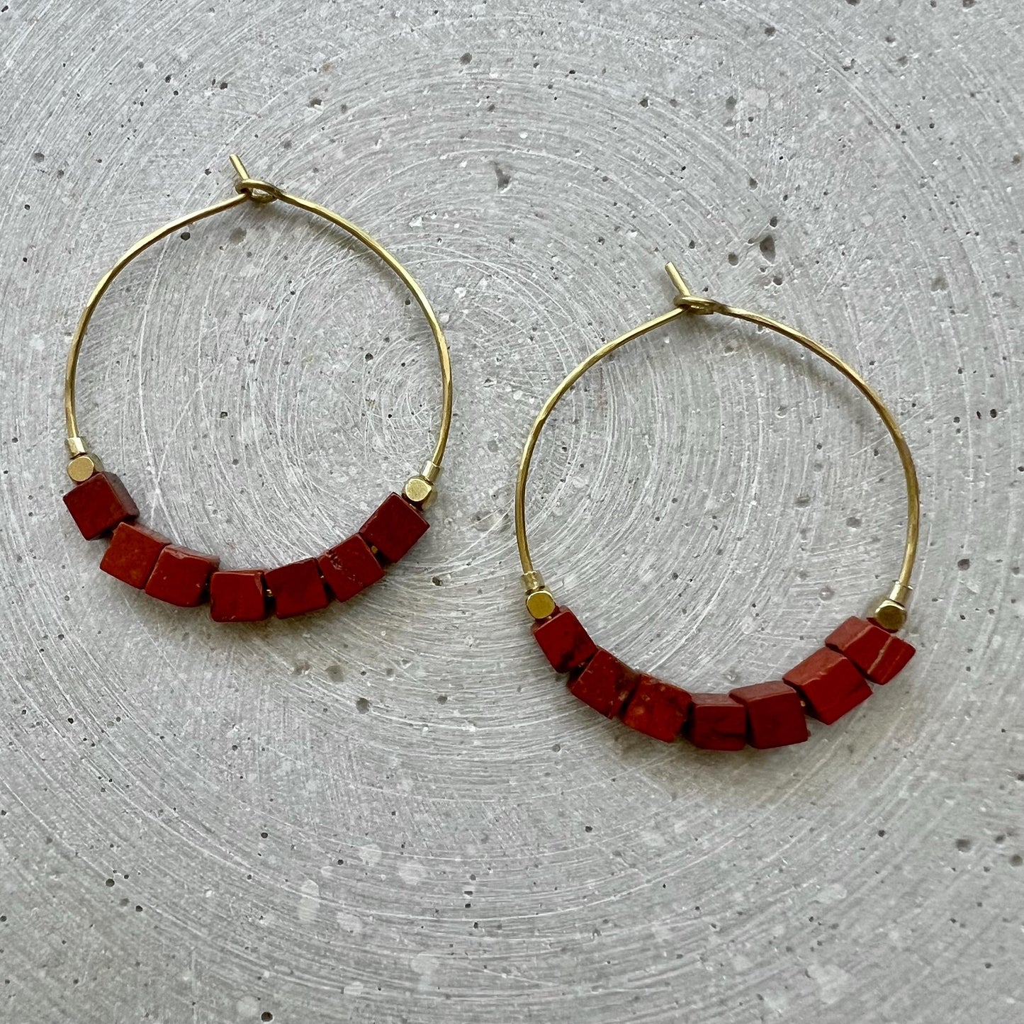 Pink Opal Creole with Gemstone Cube Beads, Pink Hoop Earrings, Handmade Brass Jewelry