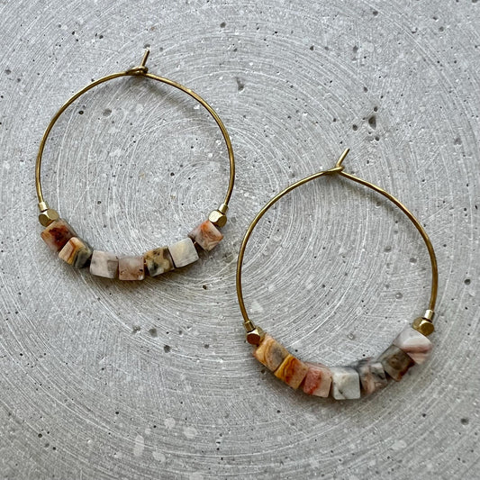 Dark Blue Hoop Earrings, Lapis Lazuli Creole with Gemstone Cube Beads, Handmade Brass Jewelry