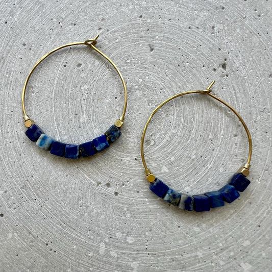 Pink Opal Creole with Gemstone Cube Beads, Pink Hoop Earrings, Handmade Brass Jewelry