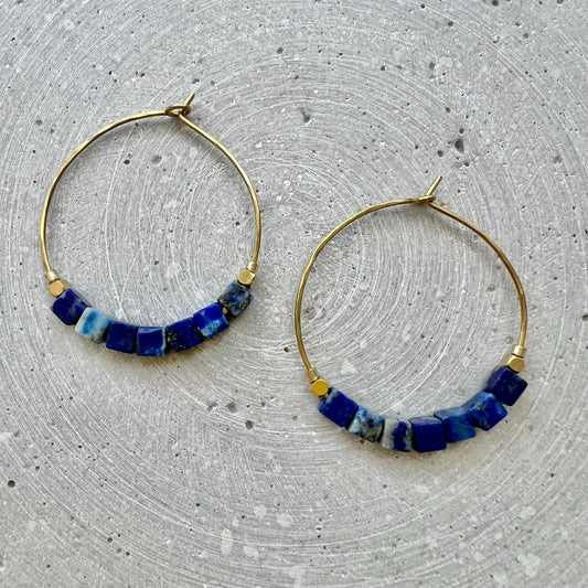 Red Jasper Creole, Hoop Earrings with Cube Shaped Gemstones, Handmade Skinny Hoops