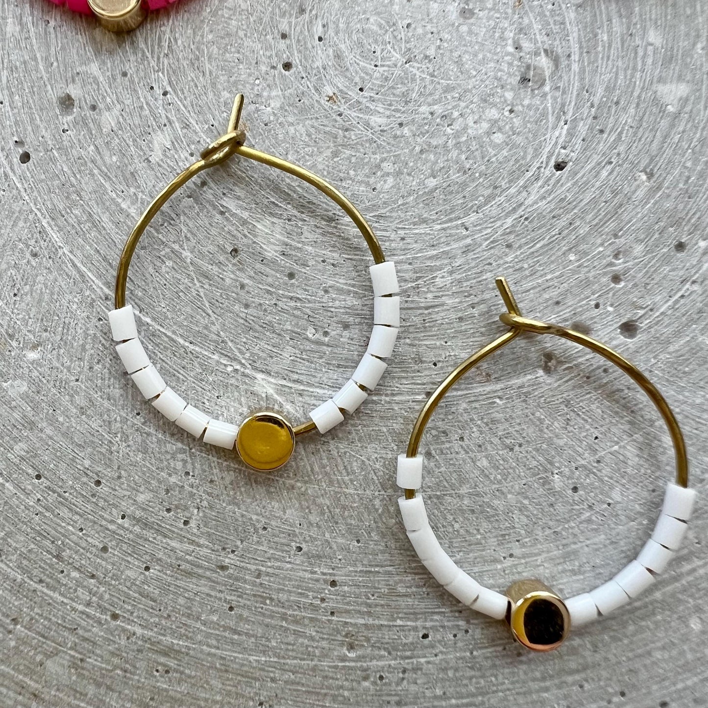 Minimalist Seed Bead Hoops, Dainty Creole Earrings with Gold Plated Dot Bead