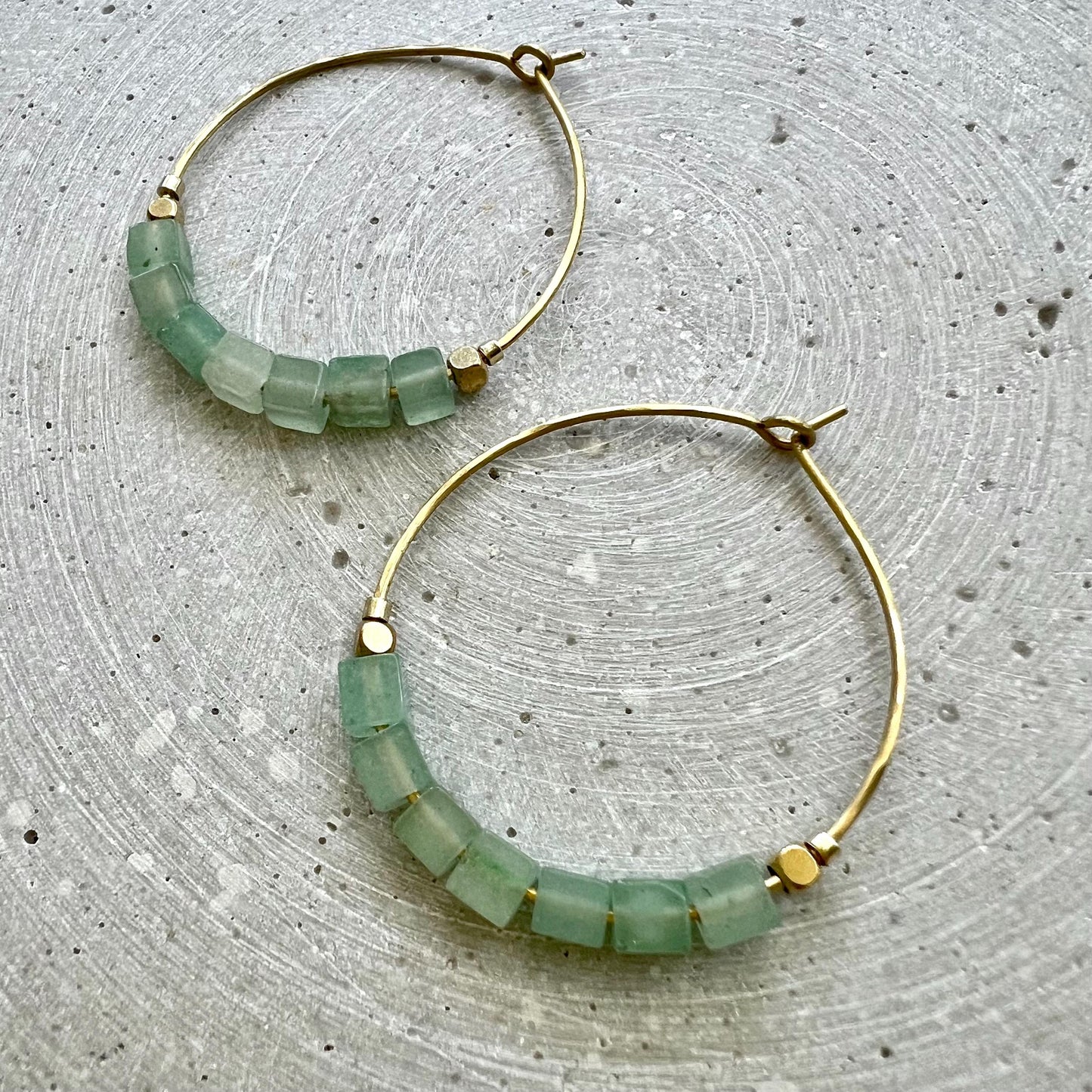 Green Aventurine Hoop Earrings, Brass Creole with Gemstone of Choice, Earrings with Cube Beads