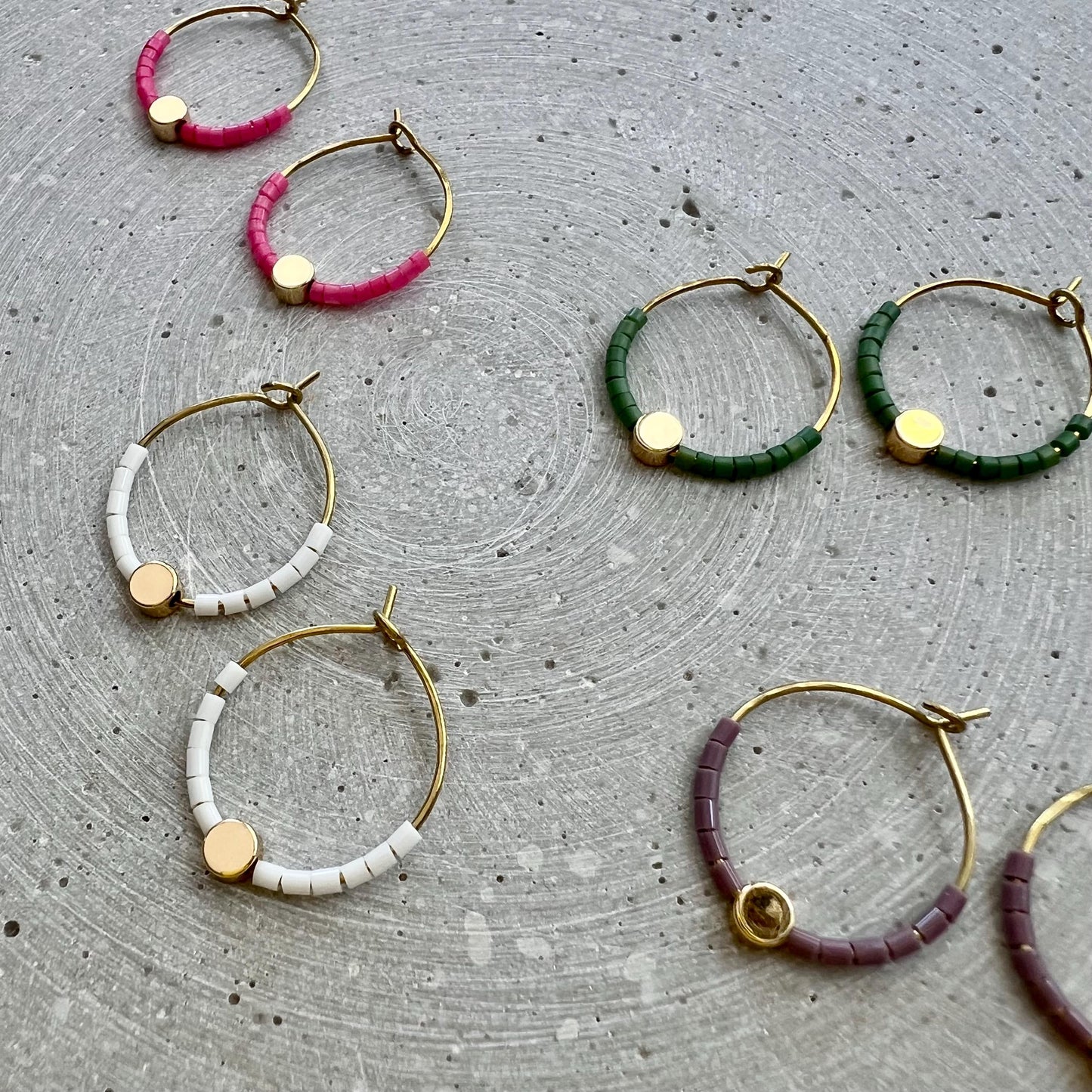 Minimalist Seed Bead Hoops, Dainty Creole Earrings with Gold Plated Dot Bead