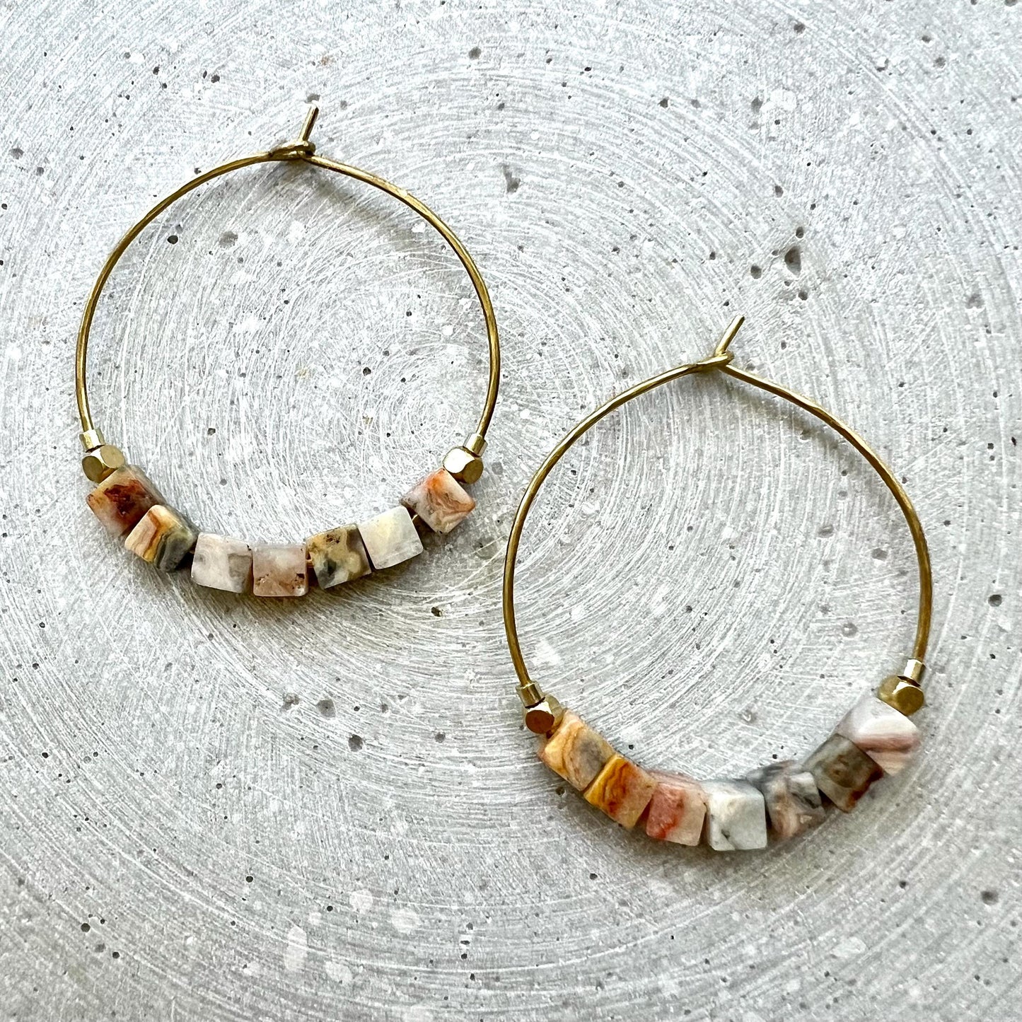 Green Aventurine Hoop Earrings, Brass Creole with Gemstone of Choice, Earrings with Cube Beads