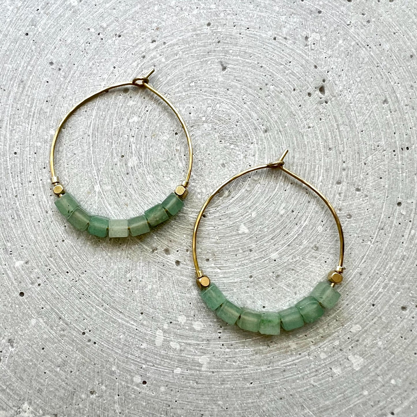 Green Aventurine Hoop Earrings, Brass Creole with Gemstone of Choice, Earrings with Cube Beads