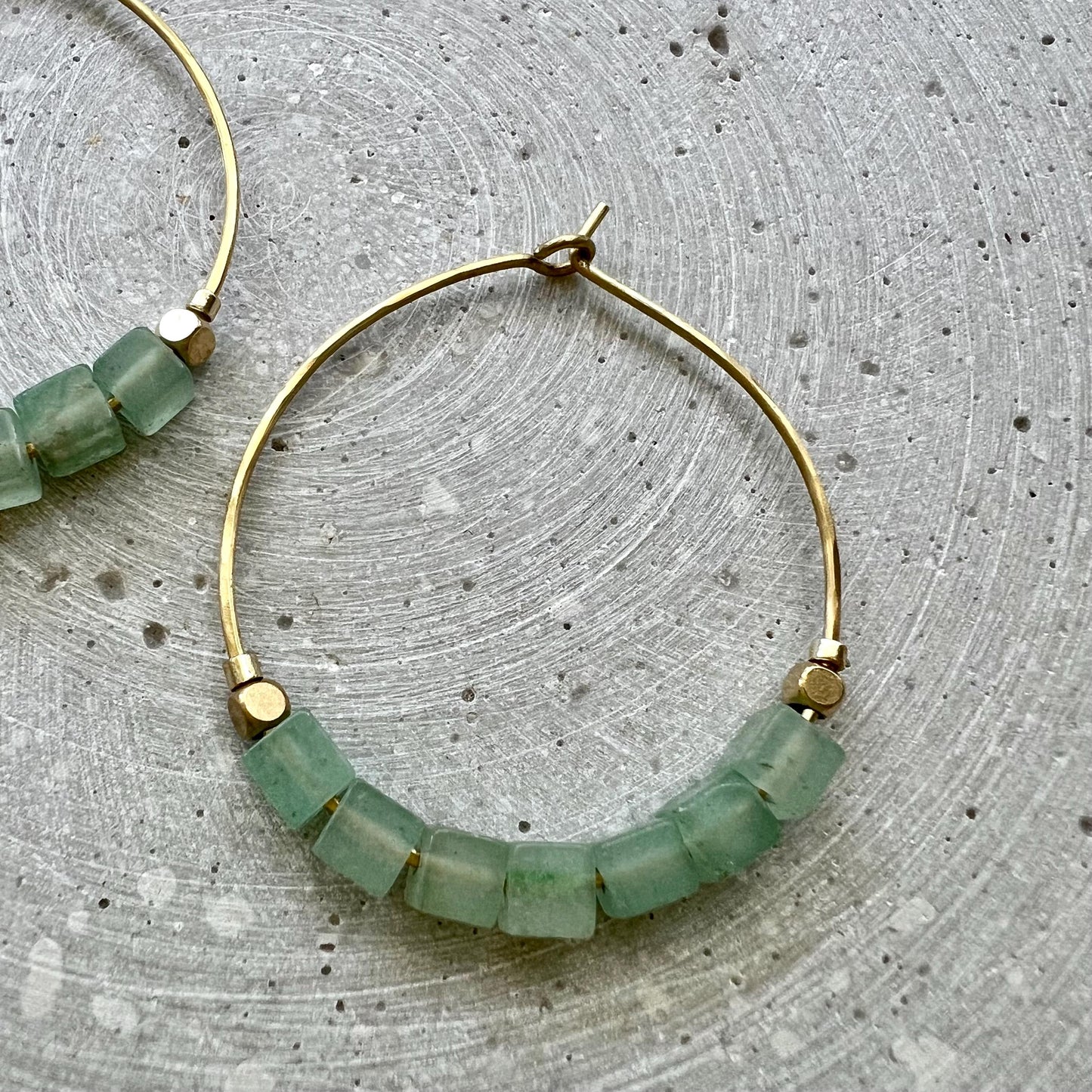 Green Aventurine Hoop Earrings, Brass Creole with Gemstone of Choice, Earrings with Cube Beads