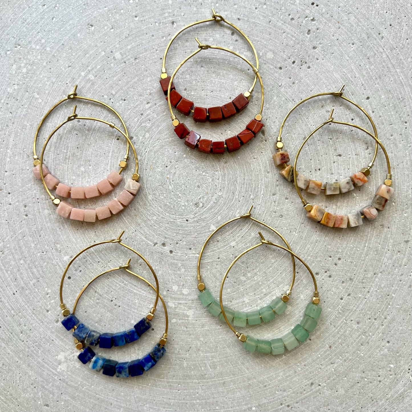 Green Aventurine Hoop Earrings, Brass Creole with Gemstone of Choice, Earrings with Cube Beads