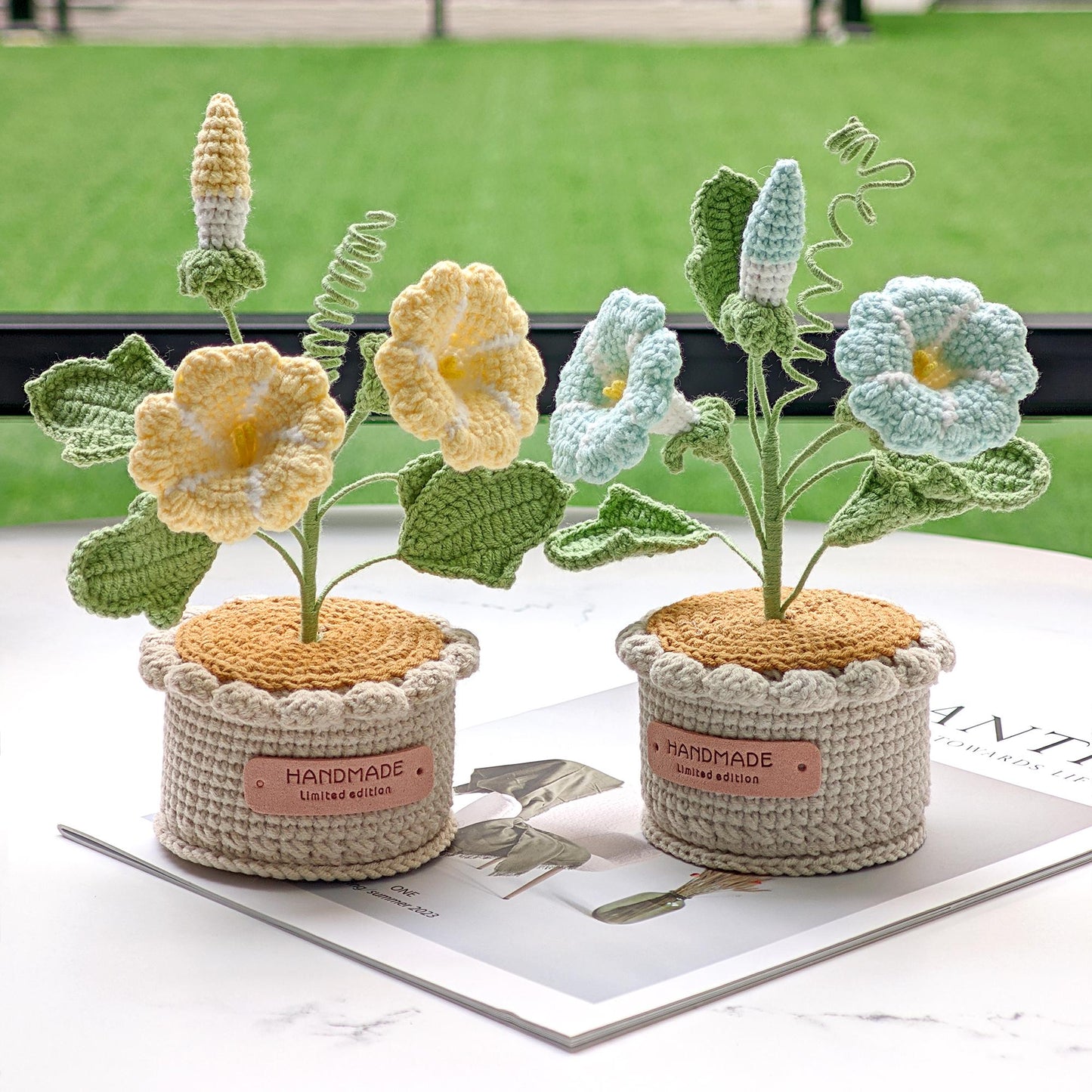 Handmade Crochet Morning Glory Flower Pot, Knitted Forever Bloom Plant, Purple Home Decor, Birth Month Flower Gift for Her, Mothers Day Gift