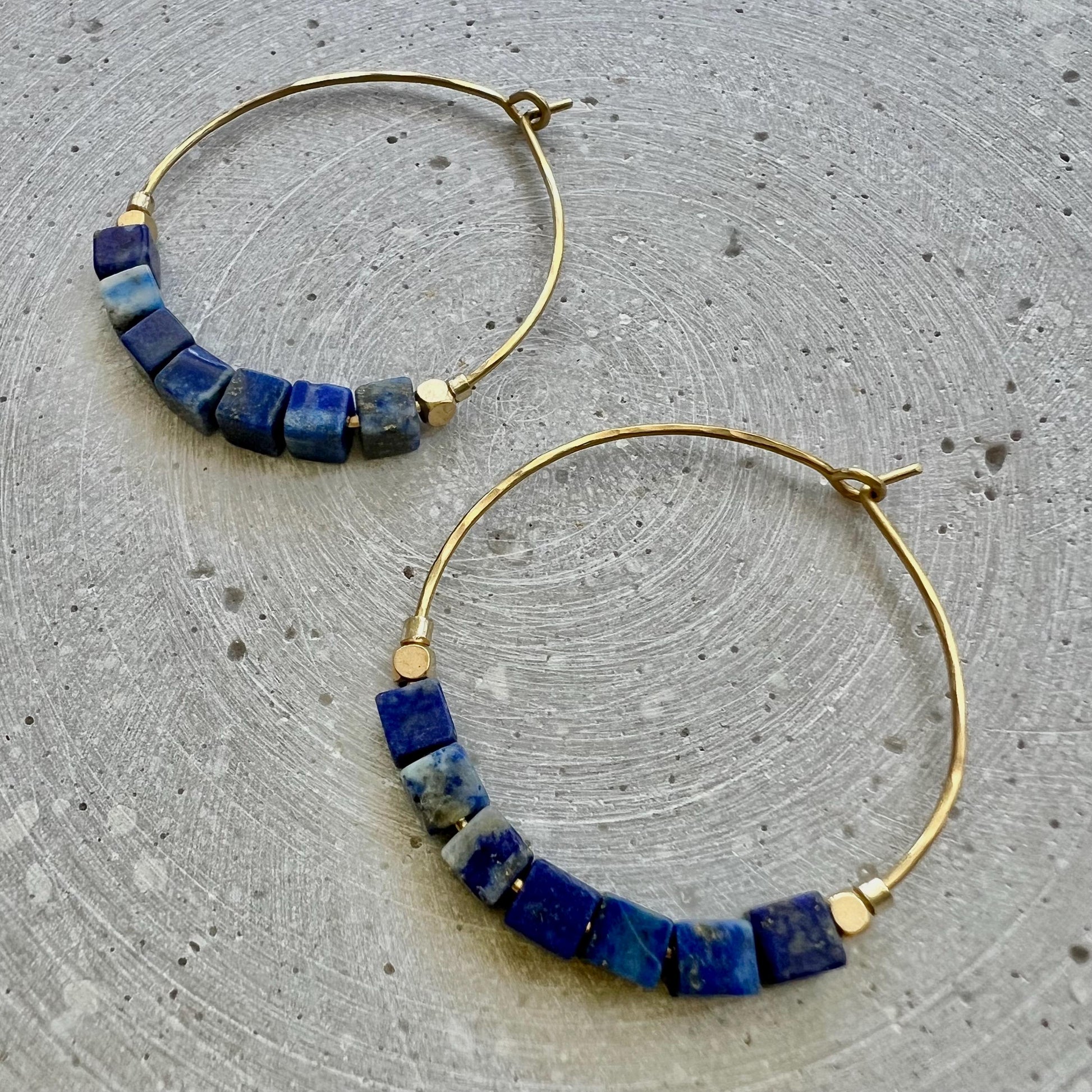 Dark Blue Hoop Earrings, Lapis Lazuli Creole with Gemstone Cube Beads, Handmade Brass Jewelry