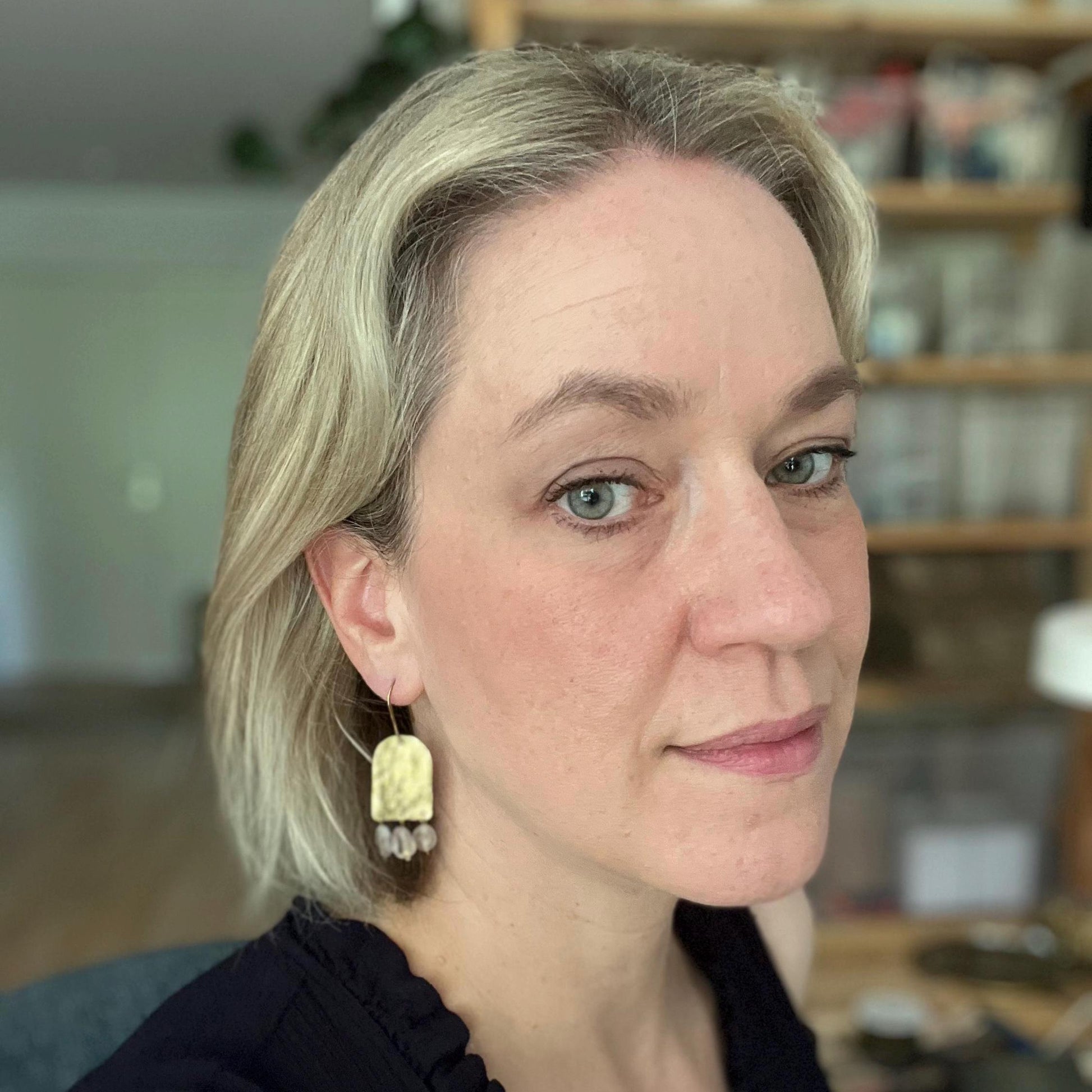 Rutilated Quartz Statement Earrings, Hammered Brass Chandeliers with Translucent Gemstones