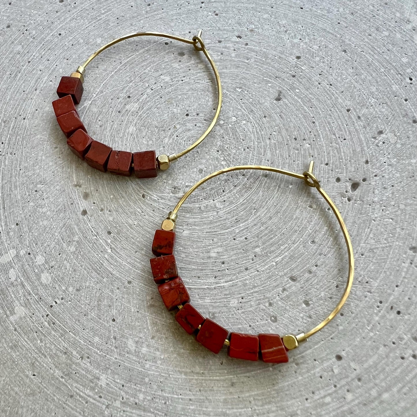 Red Jasper Creole, Hoop Earrings with Cube Shaped Gemstones, Handmade Skinny Hoops