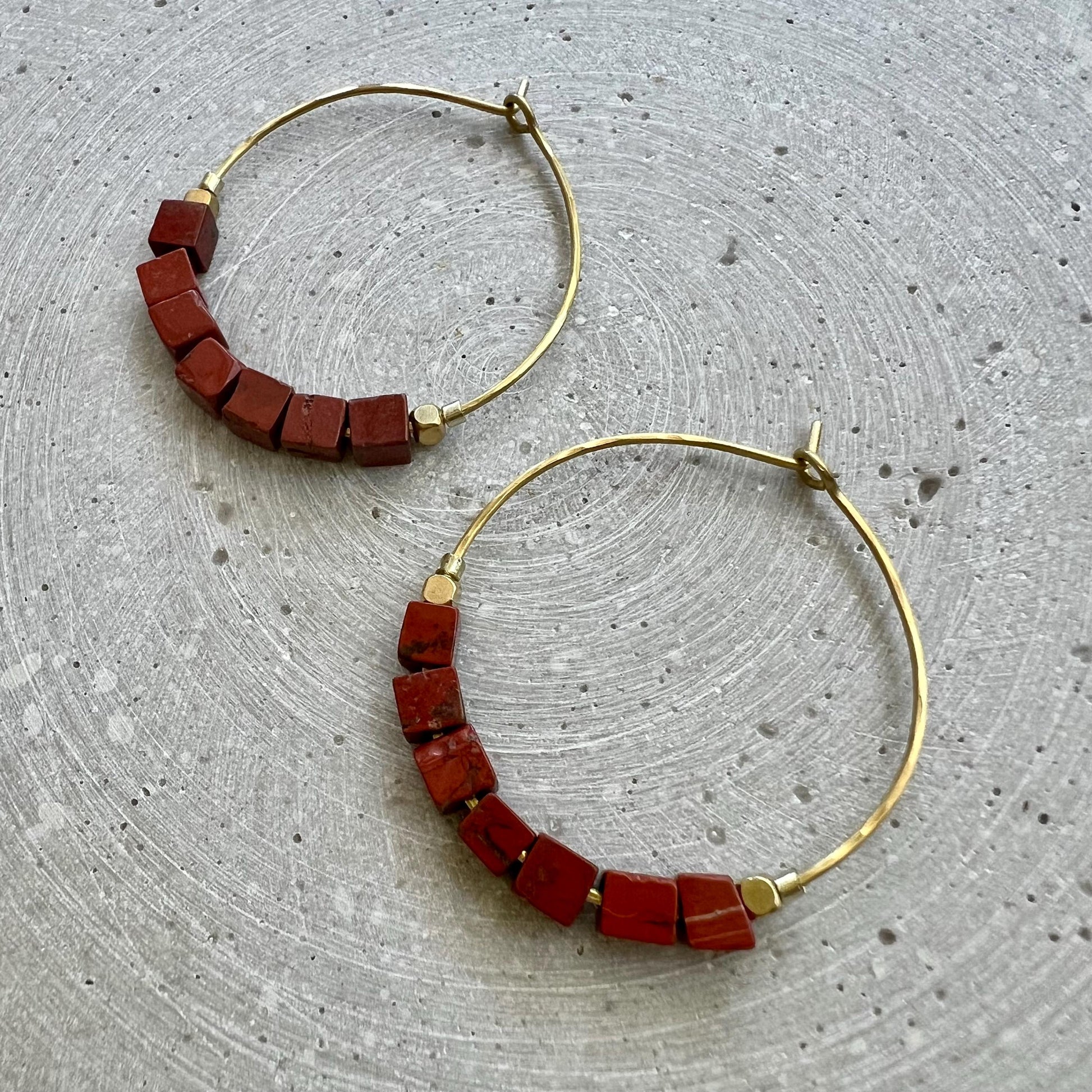Red Jasper Creole, Hoop Earrings with Cube Shaped Gemstones, Handmade Skinny Hoops