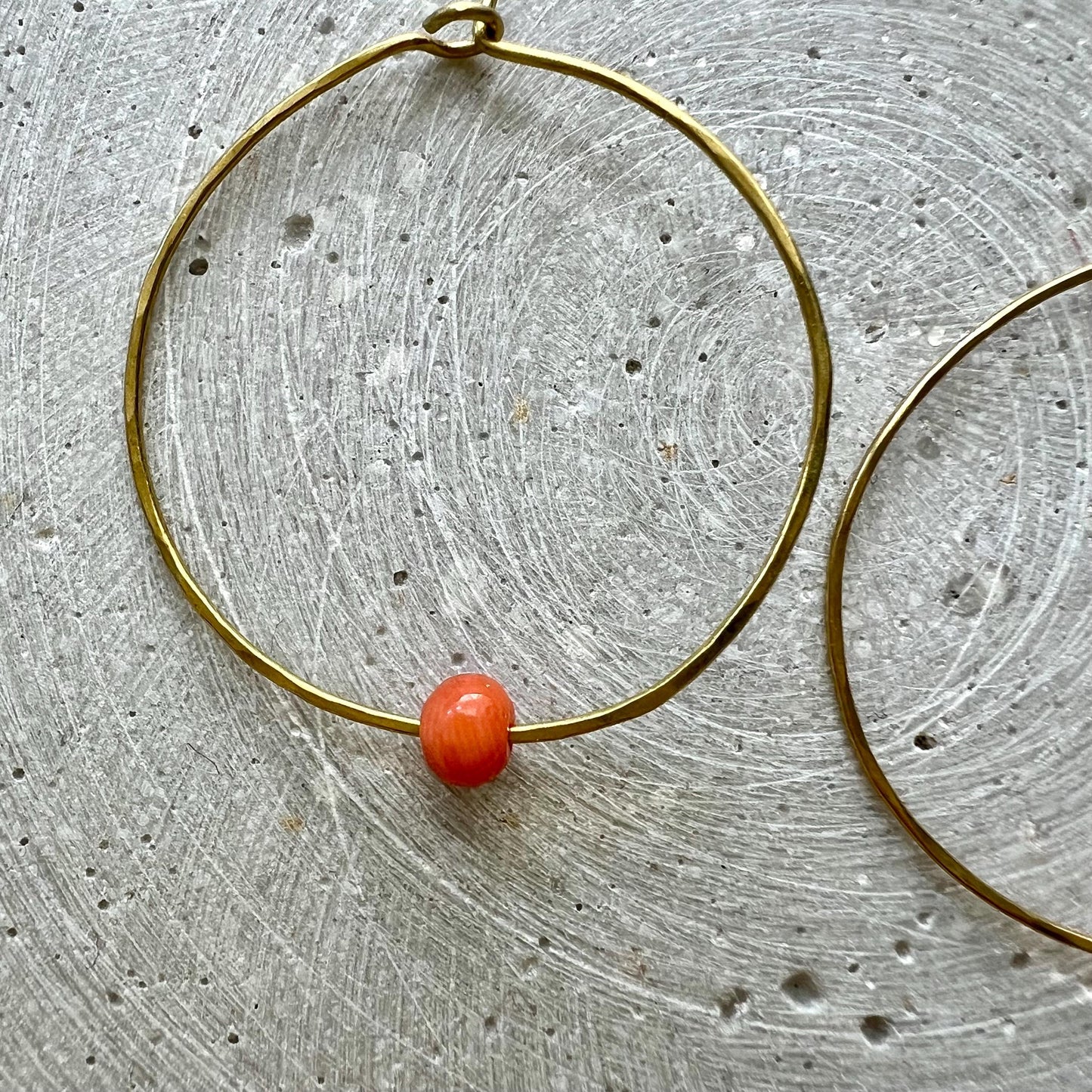 Dainty Creoles with Vintage Coral, Skinny Hoop Earrings with Repurposed Orange Gemstone Bead