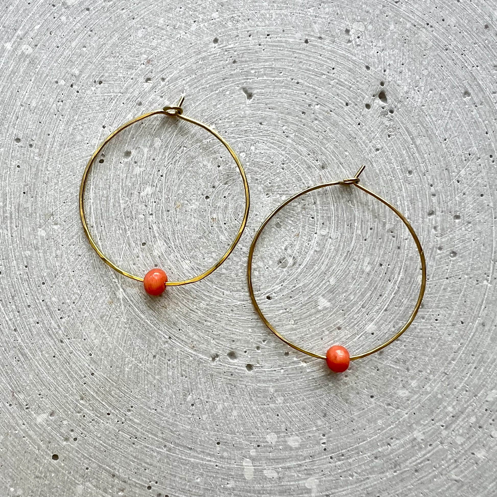 Dainty Creoles with Vintage Coral, Skinny Hoop Earrings with Repurposed Orange Gemstone Bead