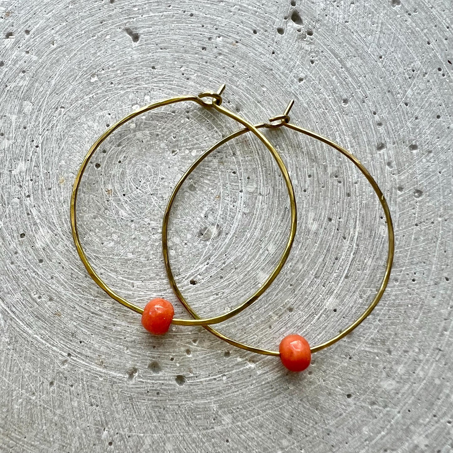 Dainty Creoles with Vintage Coral, Skinny Hoop Earrings with Repurposed Orange Gemstone Bead