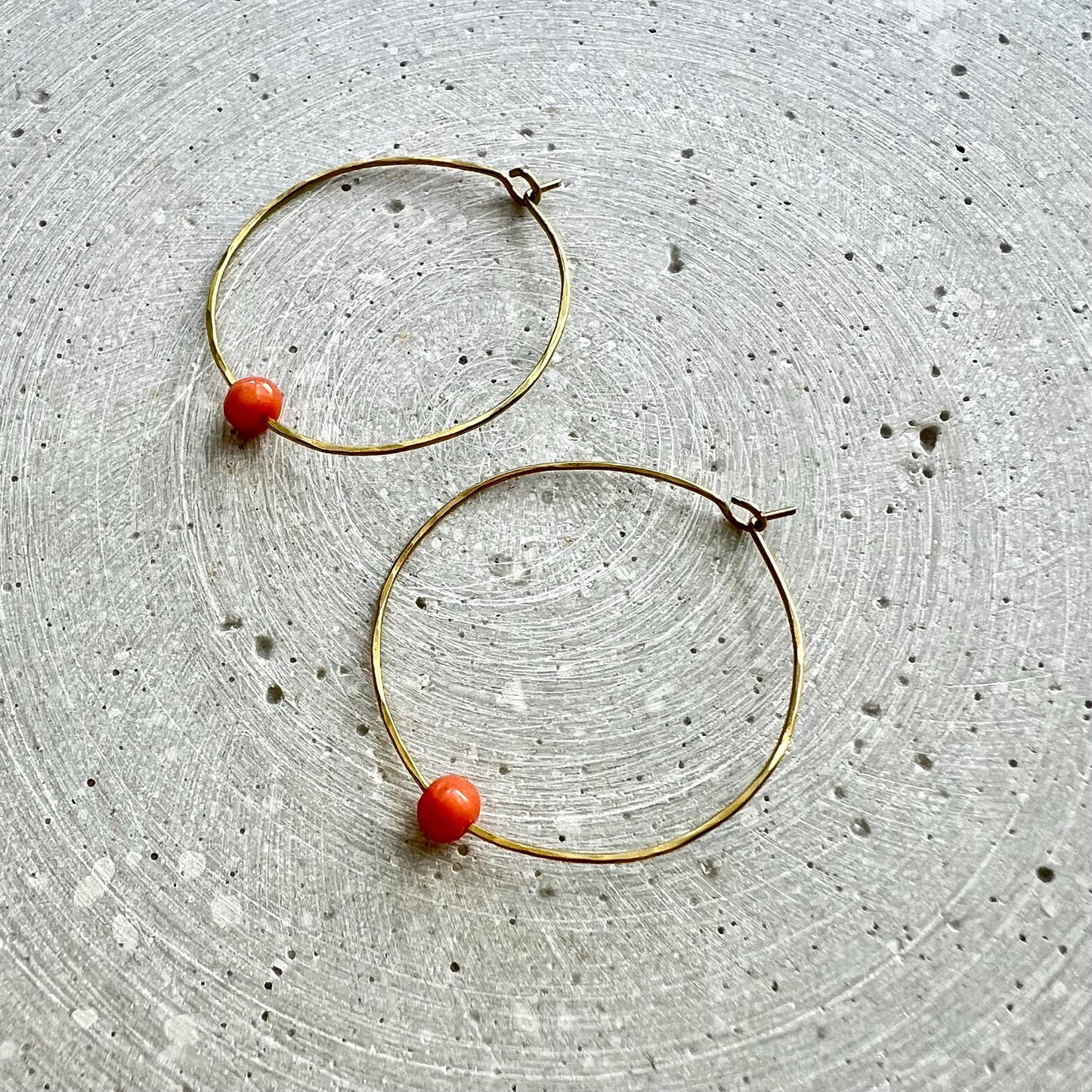 Dainty Creoles with Vintage Coral, Skinny Hoop Earrings with Repurposed Orange Gemstone Bead