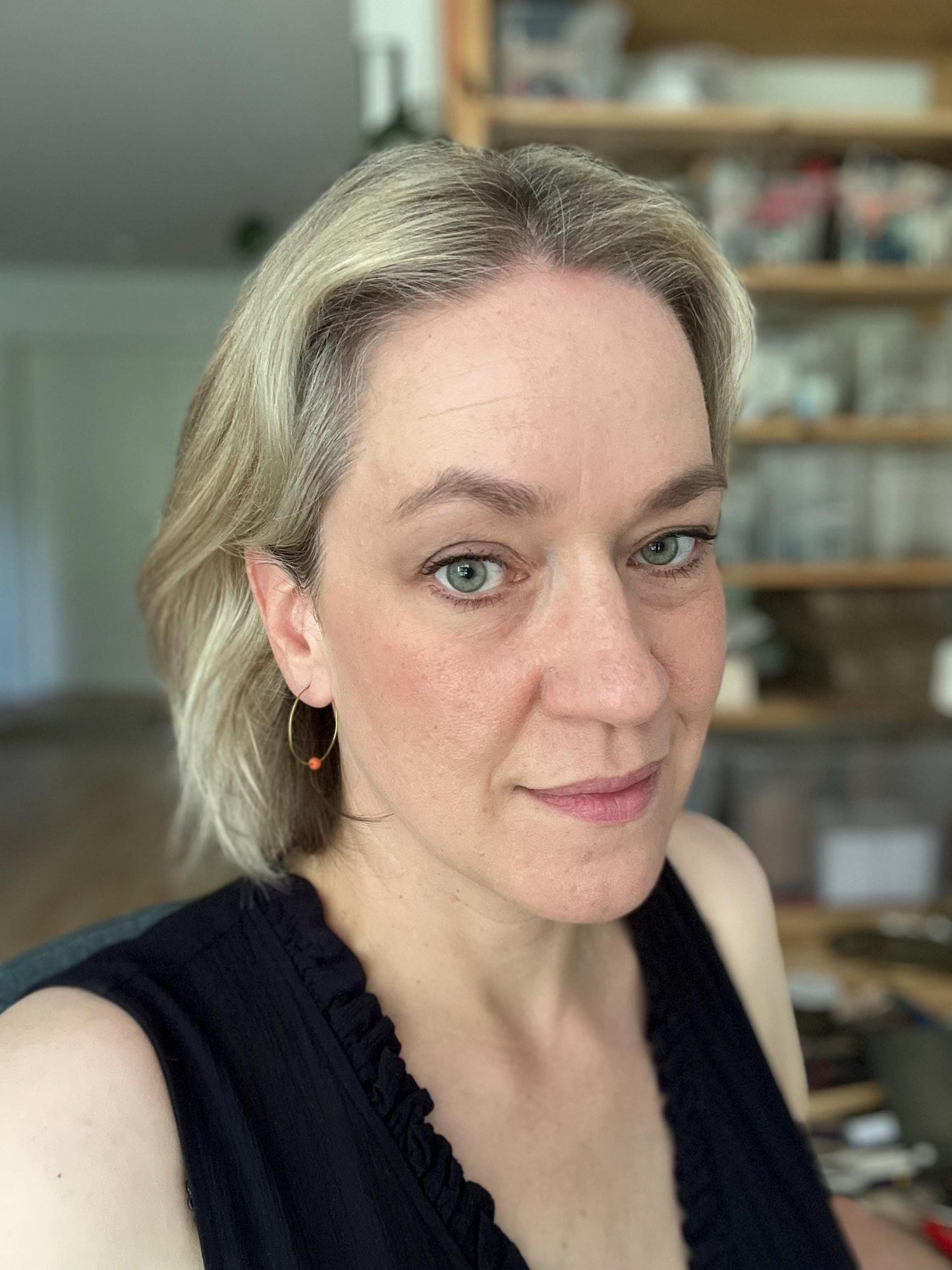 Dainty Creoles with Vintage Coral, Skinny Hoop Earrings with Repurposed Orange Gemstone Bead