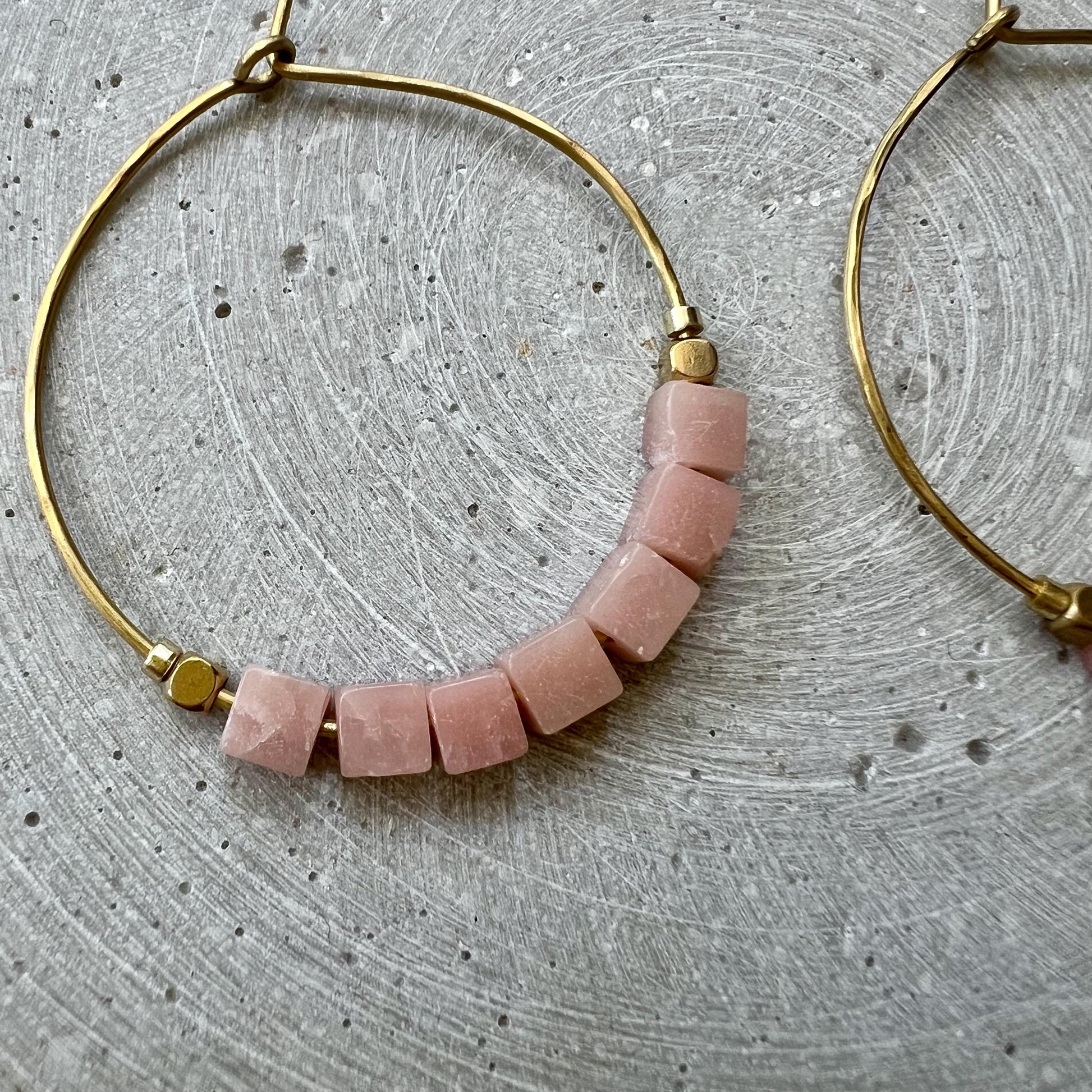 Red Jasper Creole, Hoop Earrings with Cube Shaped Gemstones, Handmade Skinny Hoops