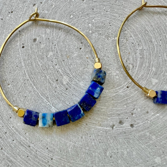 Dark Blue Hoop Earrings, Lapis Lazuli Creole with Gemstone Cube Beads, Handmade Brass Jewelry