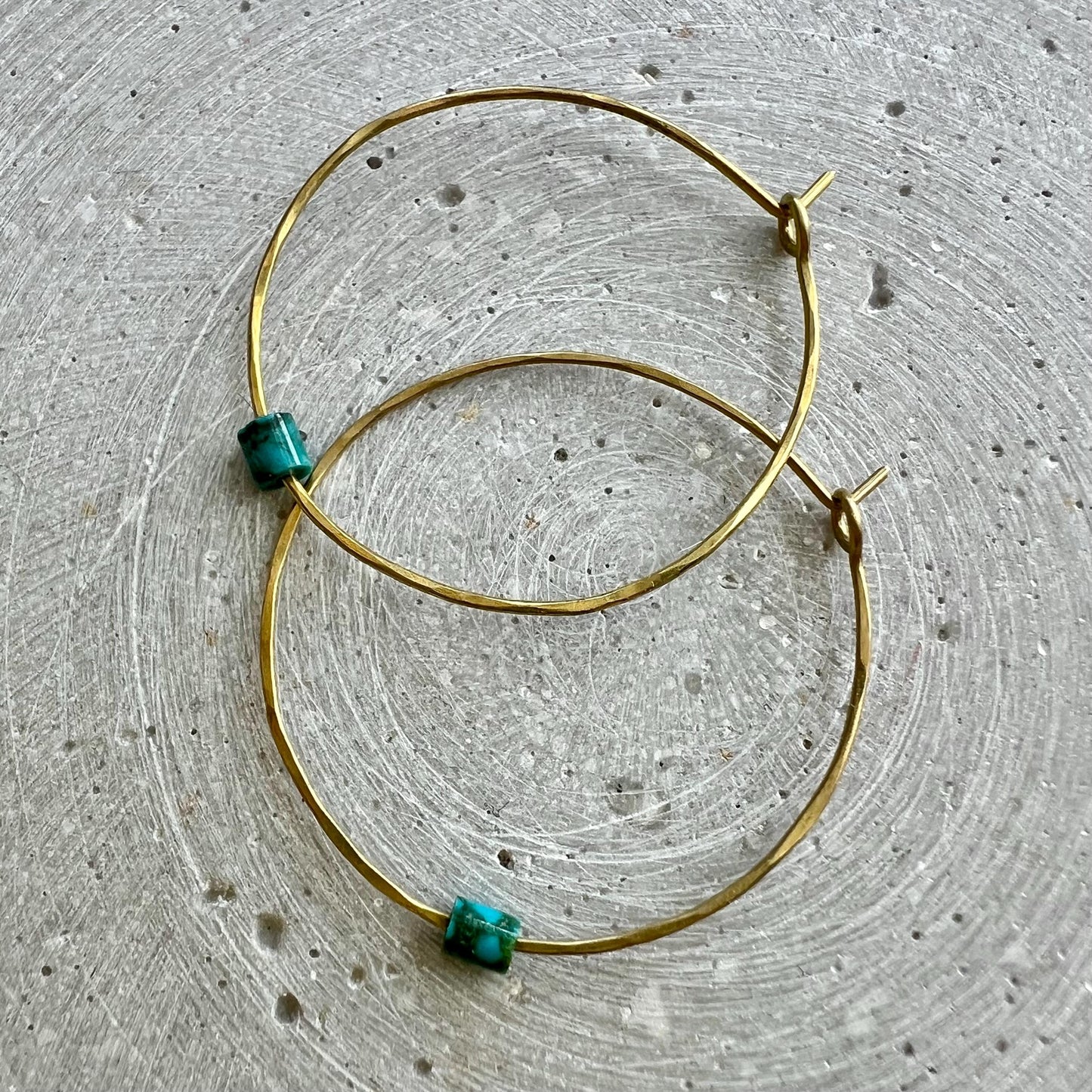 Skinny Hoops with Vintage Turquoise, Hammered Creole Earrings and Repurposed Gemstone