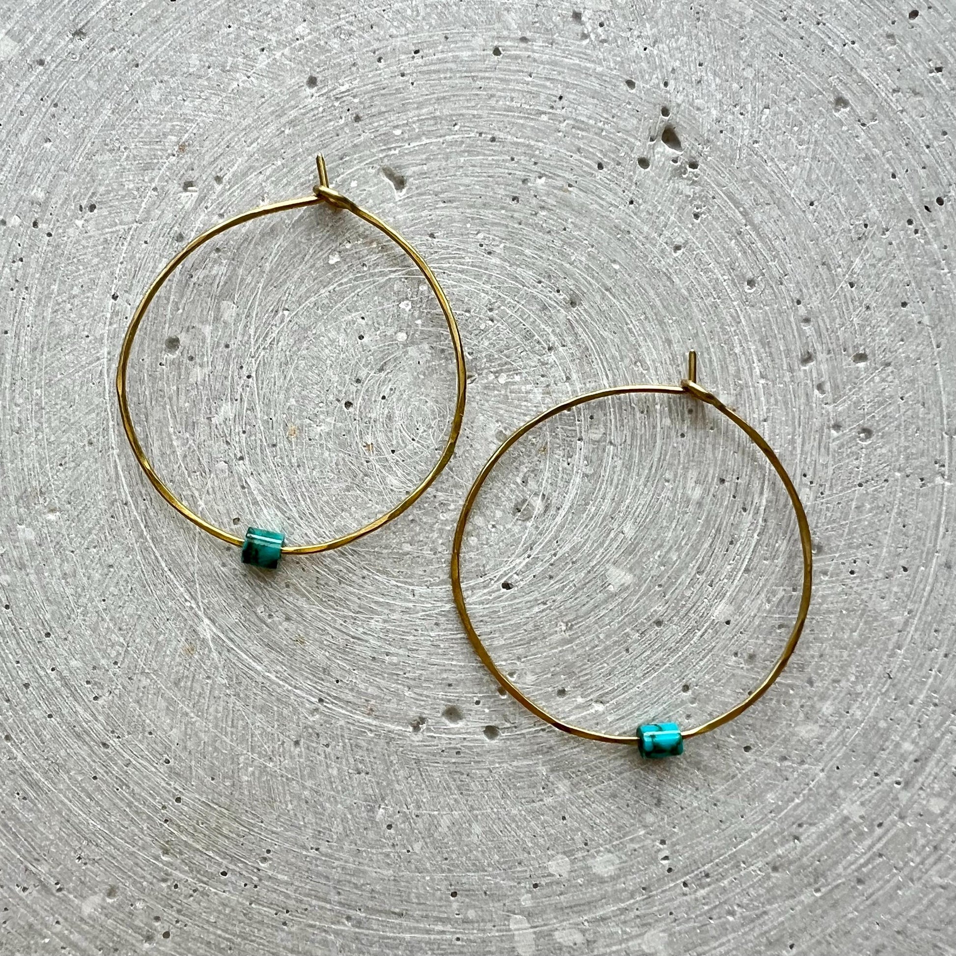 Skinny Hoops with Vintage Turquoise, Hammered Creole Earrings and Repurposed Gemstone