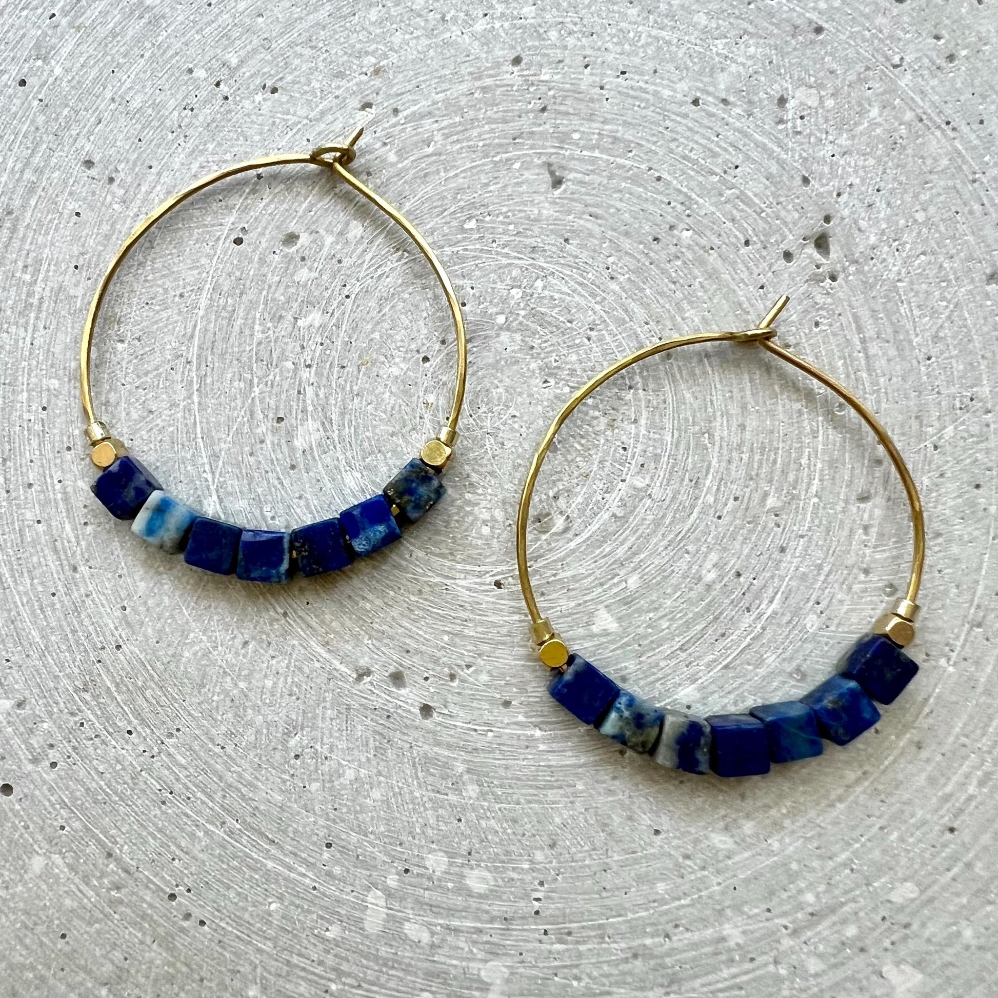 Green Aventurine Hoop Earrings, Brass Creole with Gemstone of Choice, Earrings with Cube Beads