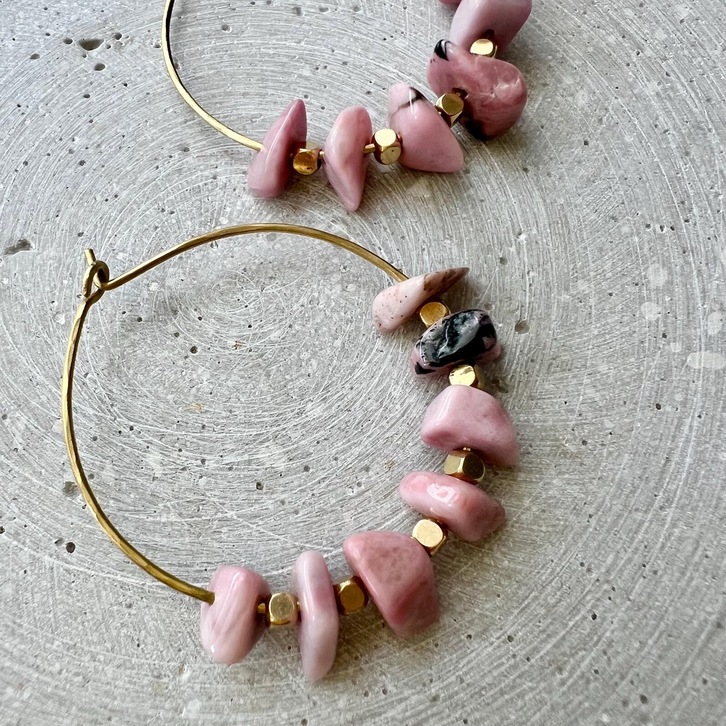 Rhodochrosite Nugget Creole Earrings, Dainty Hoops with Pink Gemstones, Handmade Brass Earring