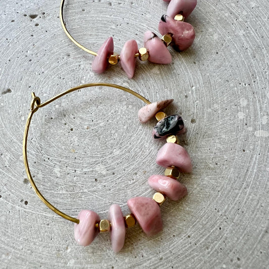 Rhodochrosite Nugget Creole Earrings, Dainty Hoops with Pink Gemstones, Handmade Brass Earring