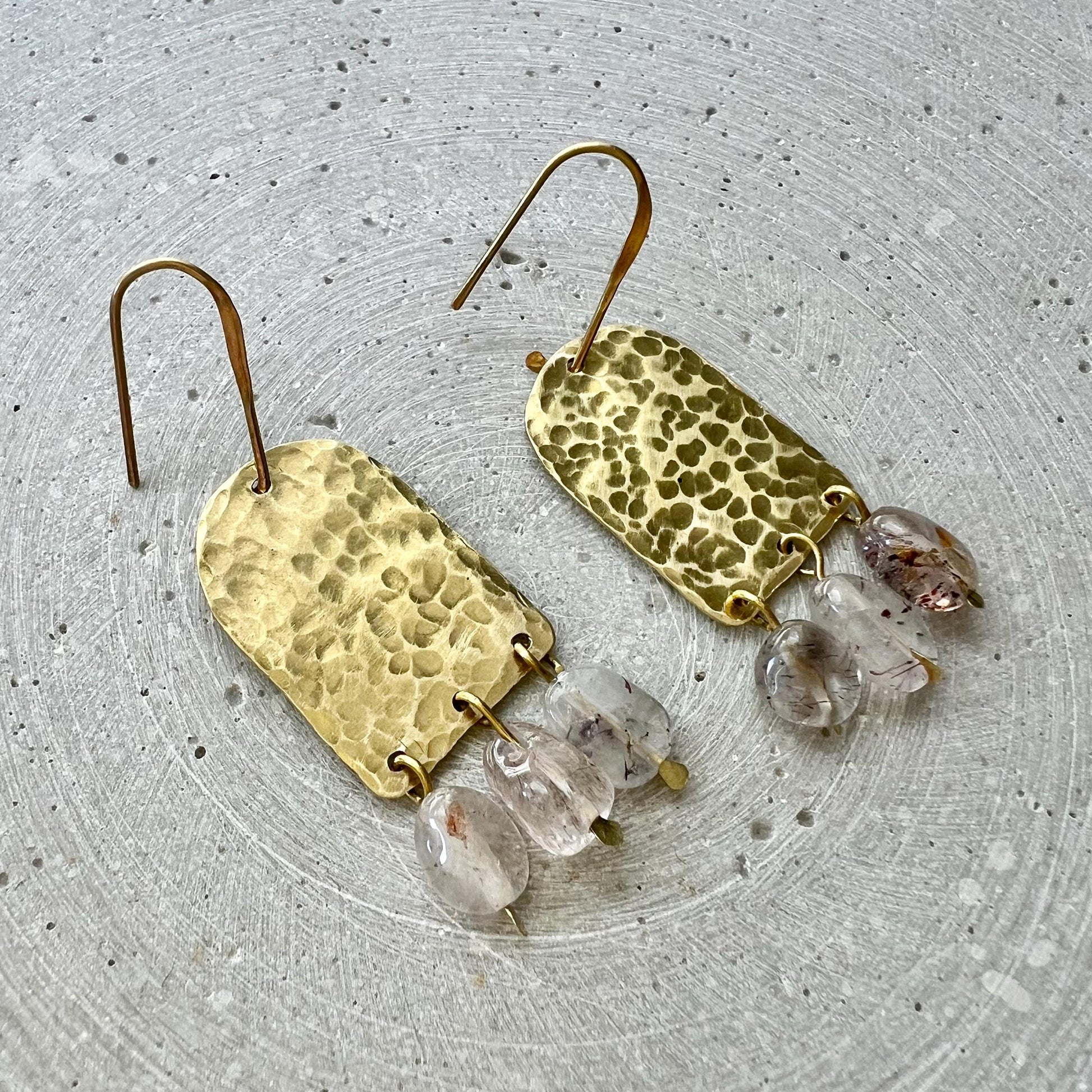 Rutilated Quartz Statement Earrings, Hammered Brass Chandeliers with Translucent Gemstones