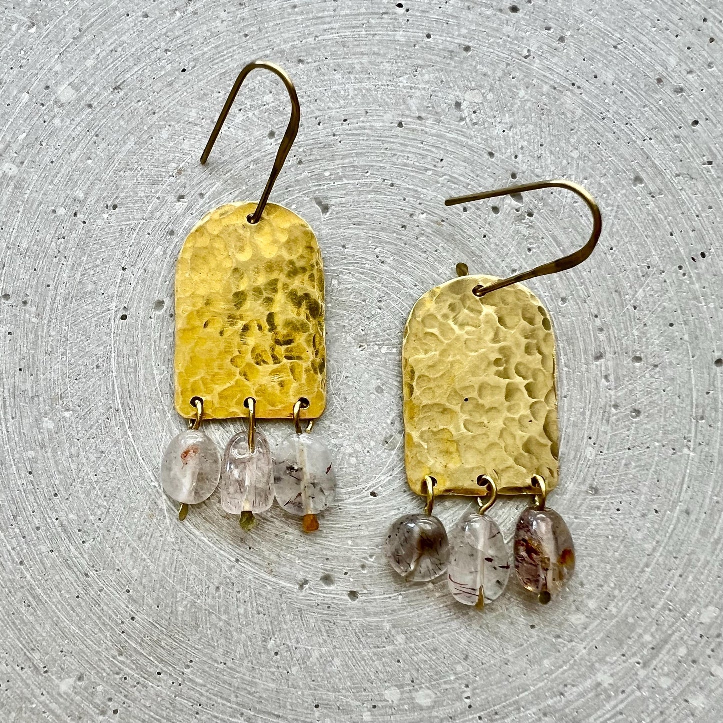 Rutilated Quartz Statement Earrings, Hammered Brass Chandeliers with Translucent Gemstones