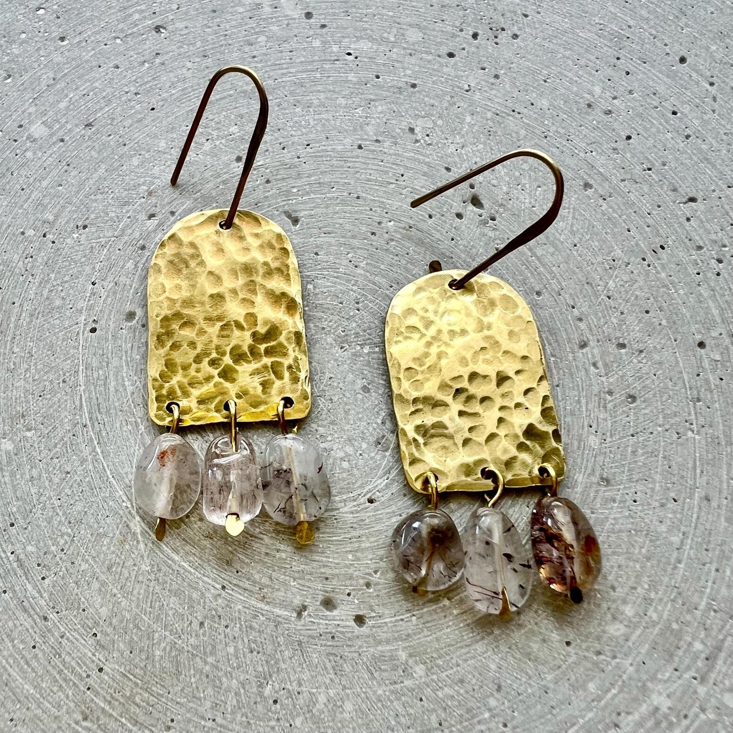 Rutilated Quartz Statement Earrings, Hammered Brass Chandeliers with Translucent Gemstones