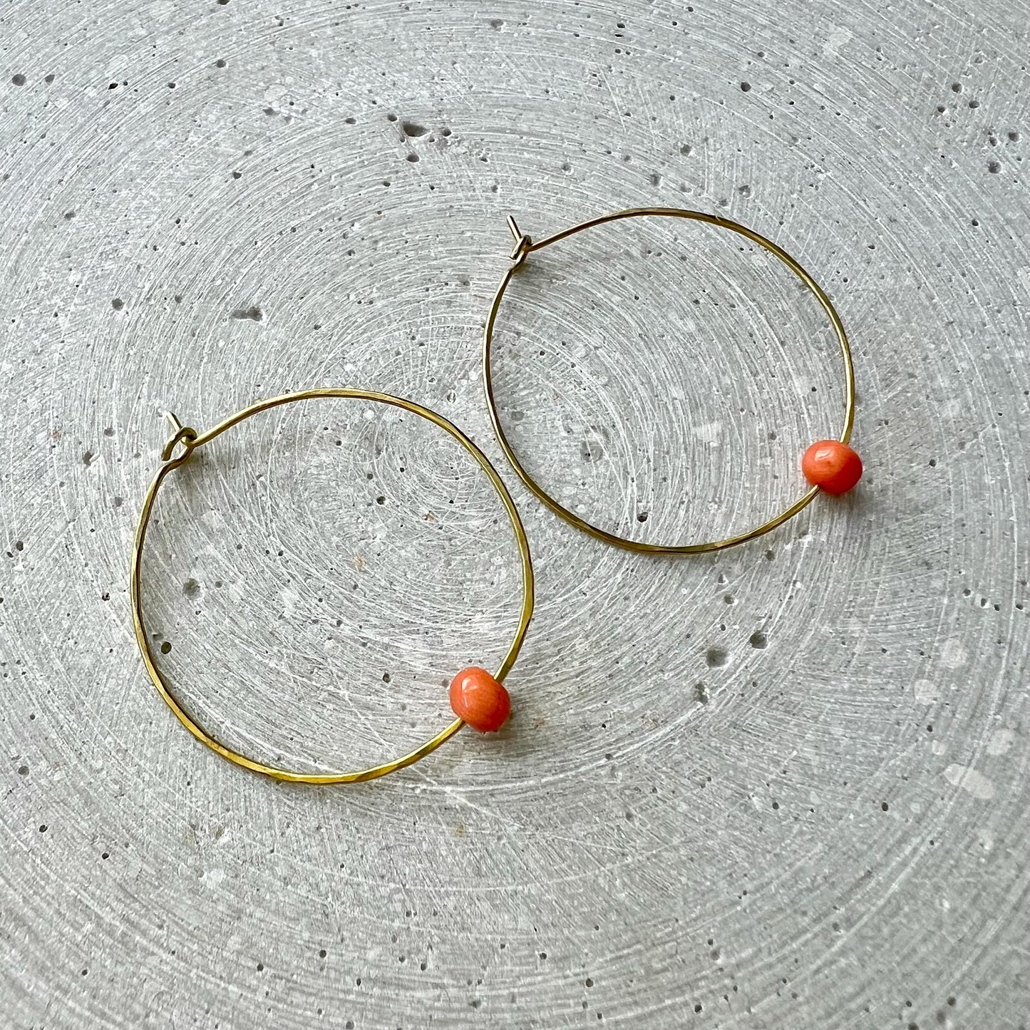 Dainty Creoles with Vintage Coral, Skinny Hoop Earrings with Repurposed Orange Gemstone Bead