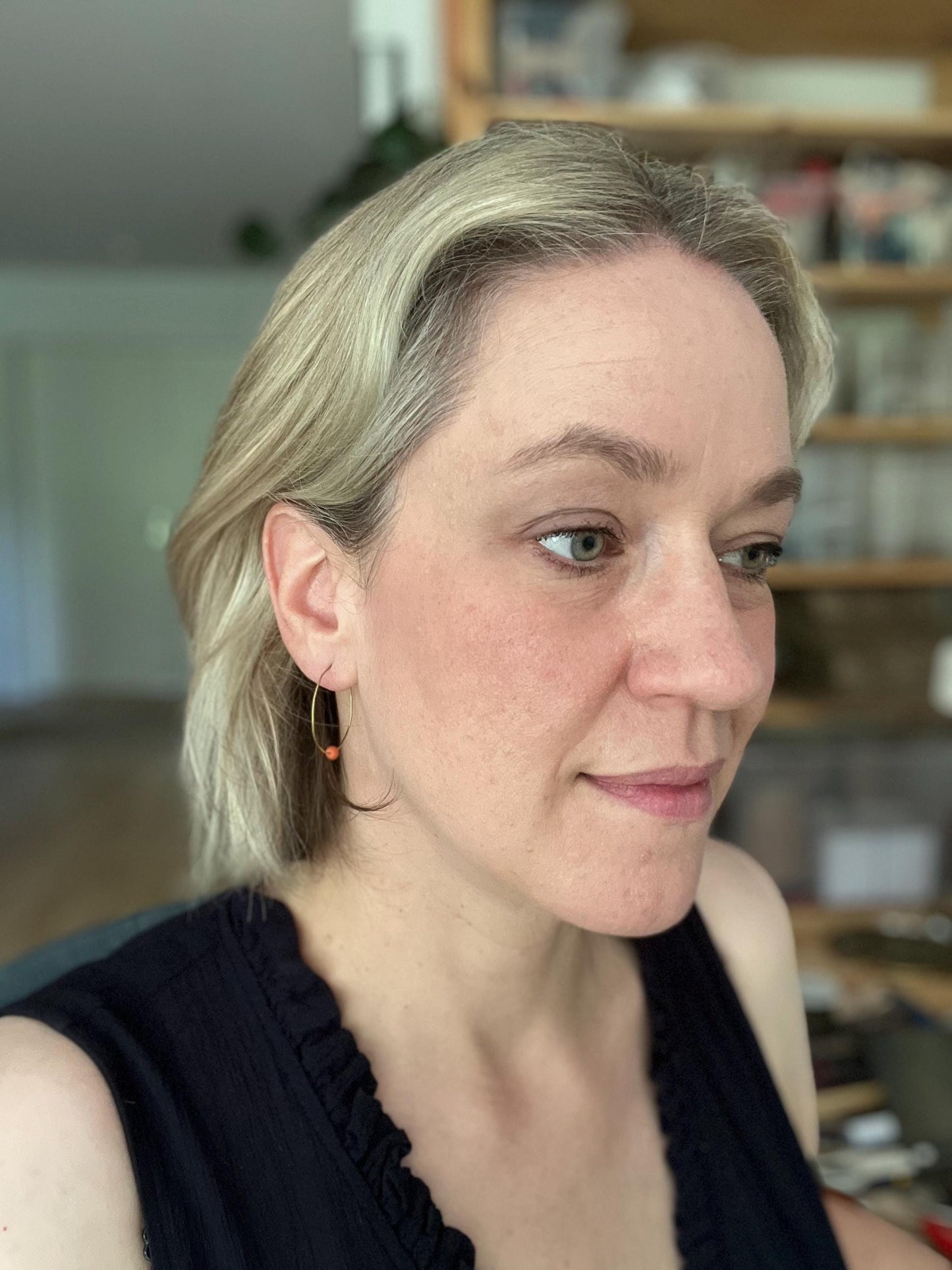 Dainty Creoles with Vintage Coral, Skinny Hoop Earrings with Repurposed Orange Gemstone Bead