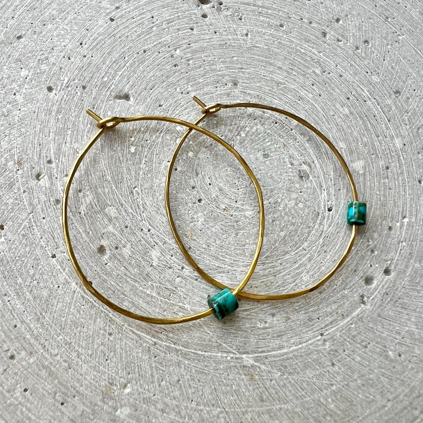 Skinny Hoops with Vintage Turquoise, Hammered Creole Earrings and Repurposed Gemstone