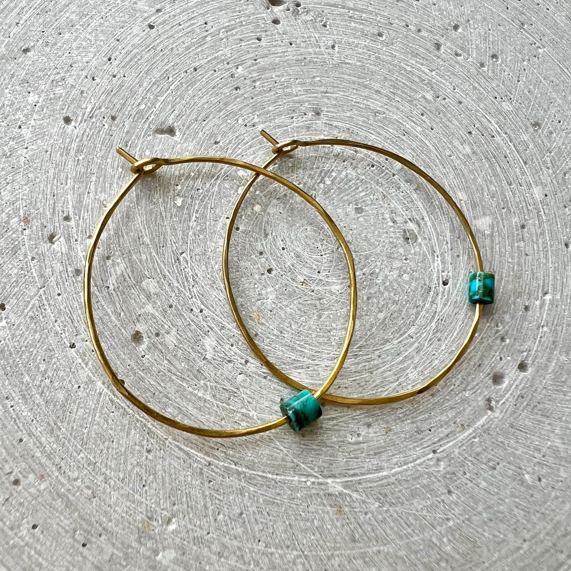 Skinny Hoops with Vintage Turquoise, Hammered Creole Earrings and Repurposed Gemstone