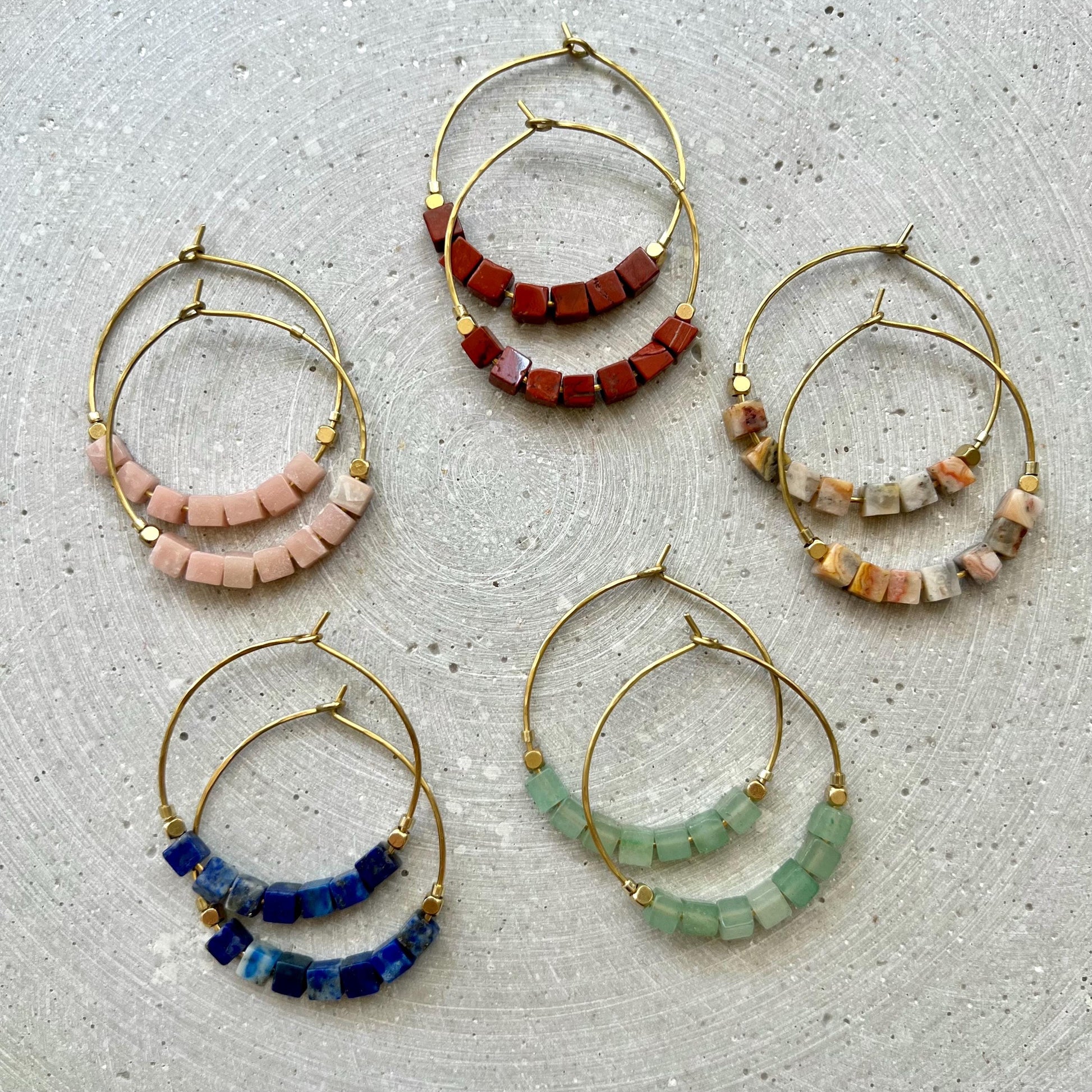 Green Aventurine Hoop Earrings, Brass Creole with Gemstone of Choice, Earrings with Cube Beads