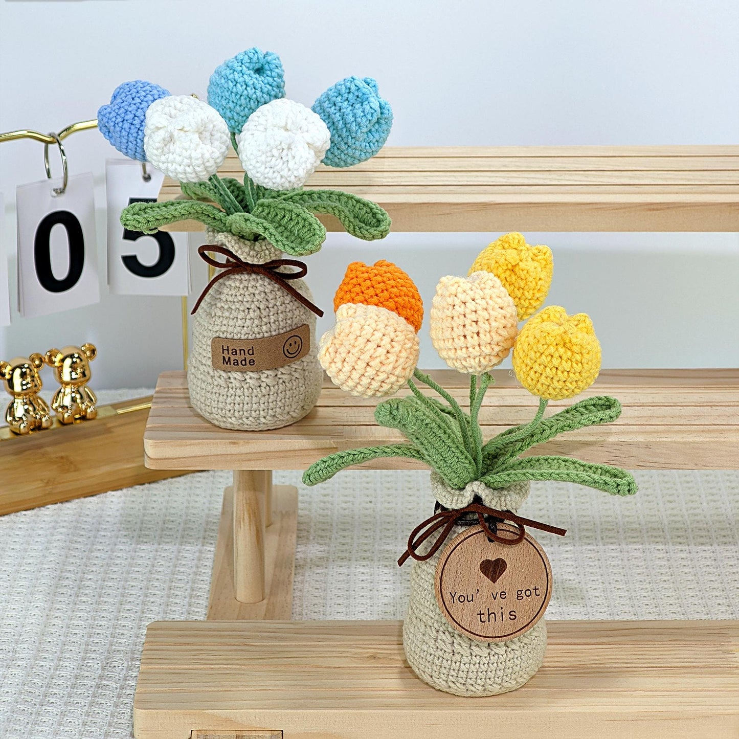 Handmade Crochet Tulip Flower Pot: Custom Tag, Forever Bloom