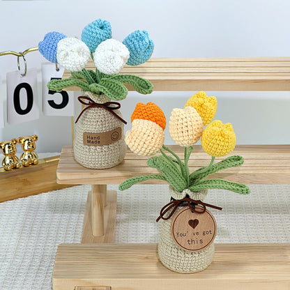 Handmade Crochet Tulip Flower Pot: Custom Tag, Forever Bloom