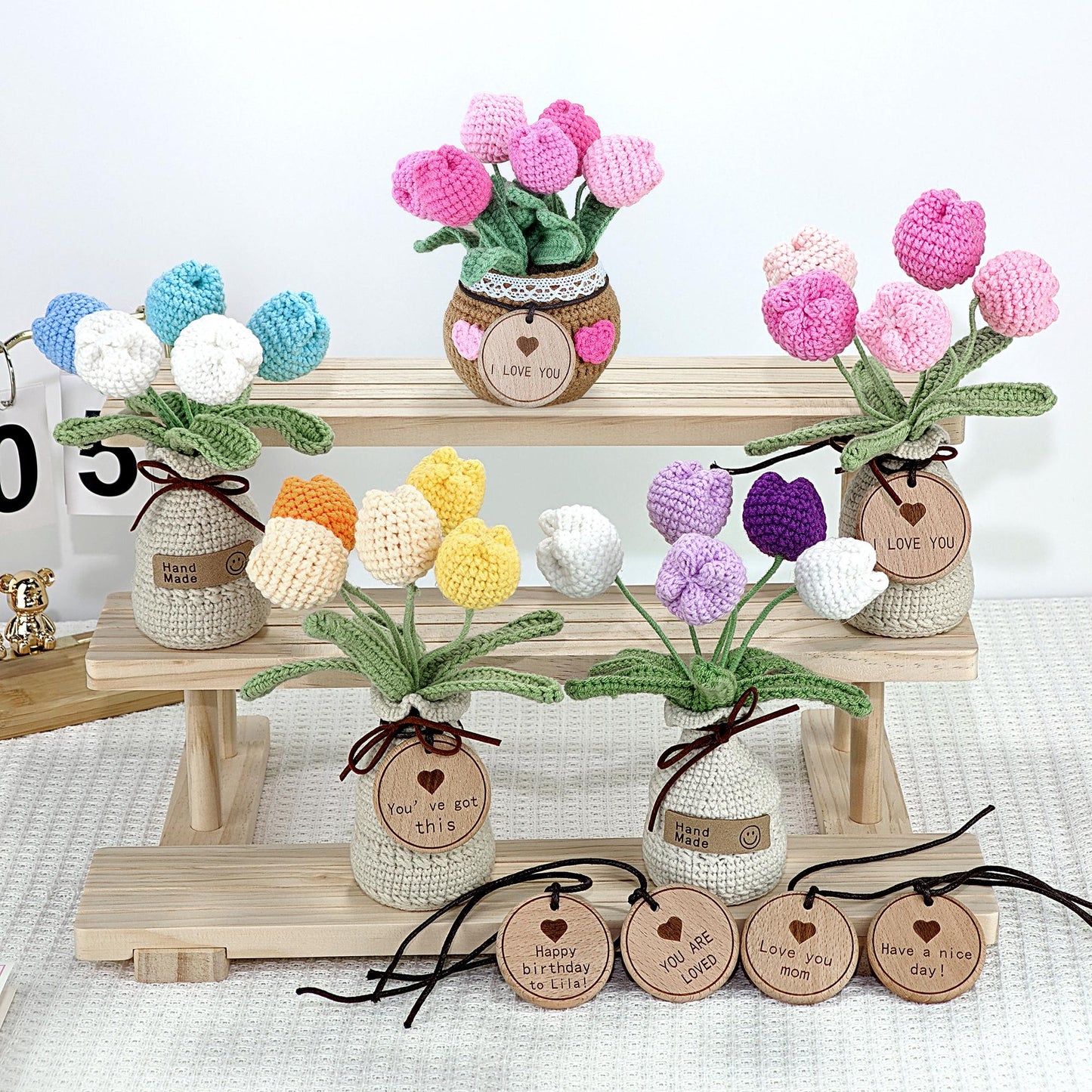 Handmade Crochet Tulip Flower Pot: Custom Tag, Forever Bloom