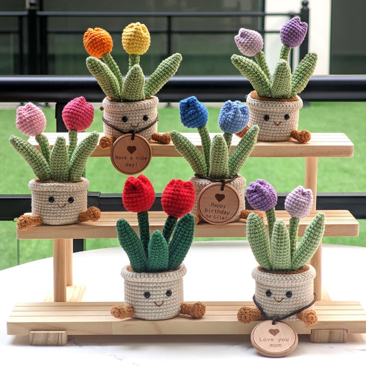 Handmade Crochet Tulip in Pot: Blooming Floral Decor, Custom Tag Option