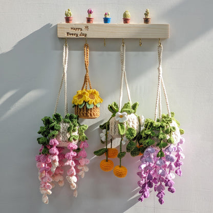 Crochet Wisteria Car Hanging, Car Rearview Mirror Plant Charm, Handmade Flower in Pot, Cute Car Decor, Gift for Her