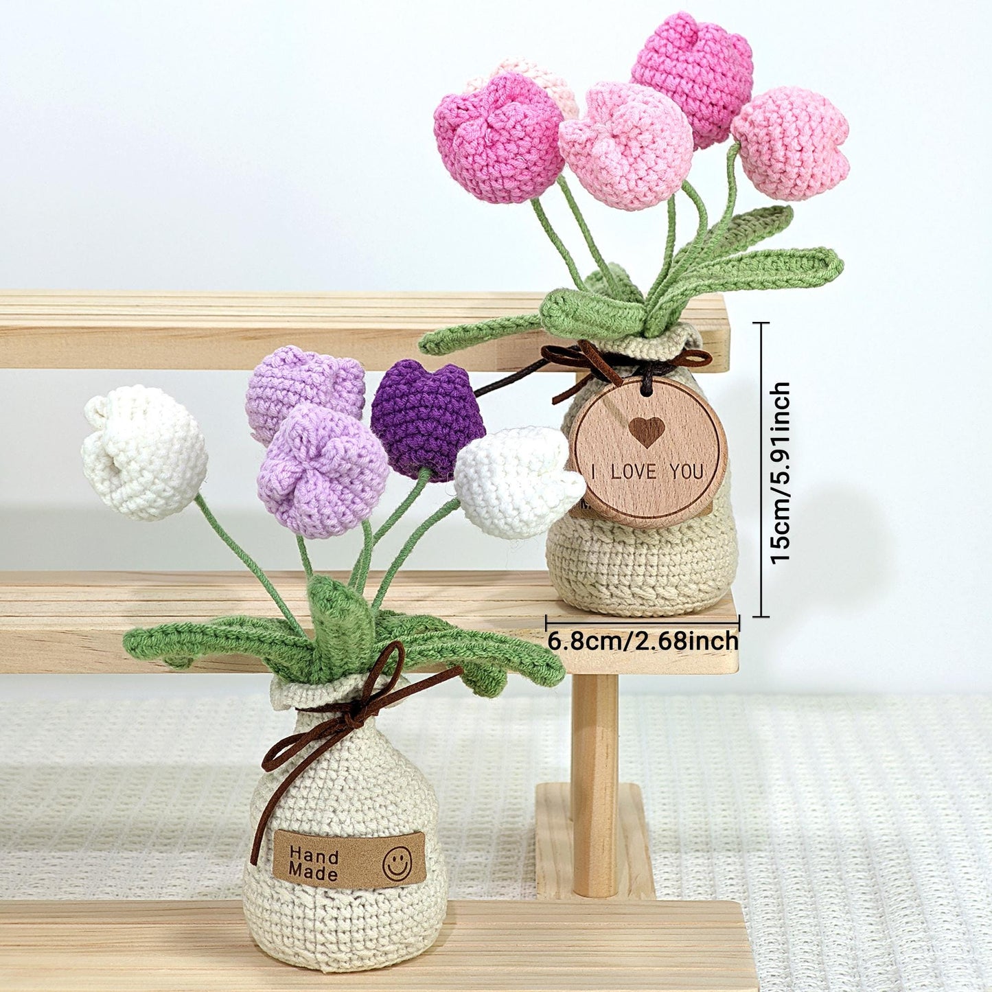 Handmade Crochet Tulip Flower Pot: Custom Tag, Forever Bloom