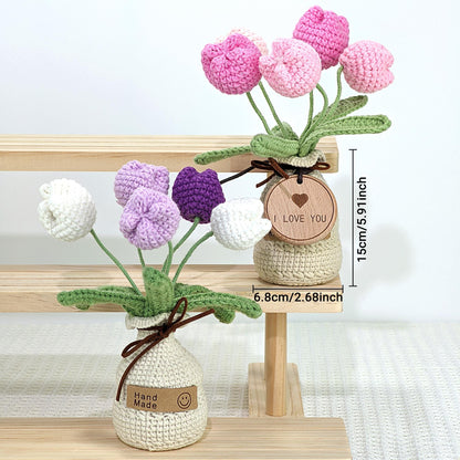 Handmade Crochet Tulip Flower Pot: Custom Tag, Forever Bloom
