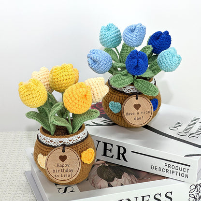 Handmade Crochet Tulip Flower Pot: Custom Tag, Forever Bloom